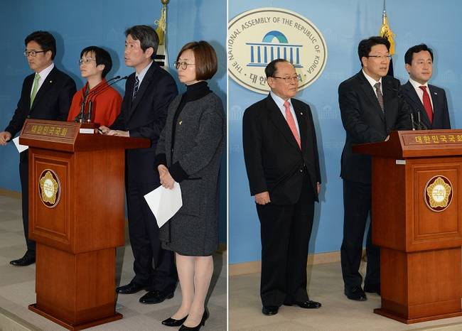 국회 환경노동위원회 간사인 이인영 새정치민주연합 의원 등 야당(왼쪽) 위원들과 권성동 새누리당 의원 등 여당(오른쪽) 위원들이 각각 지난 20일 오후 서울 여의도 국회 정론관에서 법안심사소위원회 파행과 관련, 기자회견을 하고 있다.(뉴시스)