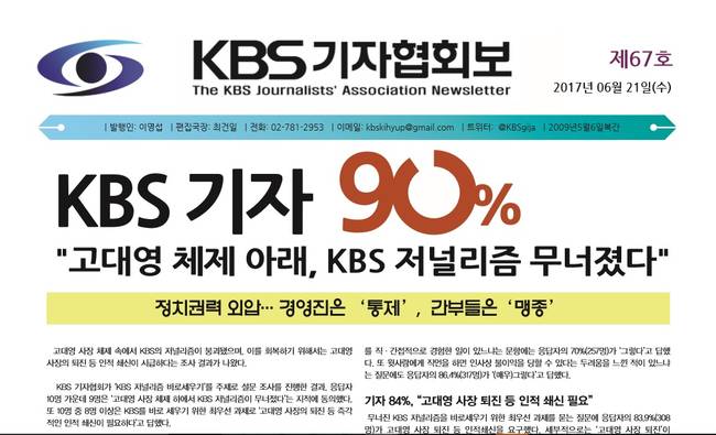 KBS기자협회의 설문조사 결과가 담긴 기자협회보 1면 갈무리.