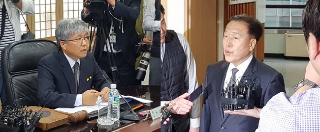 13일 발언하고 있는 이완기 이사장과 유기철 이사(왼쪽부터). 