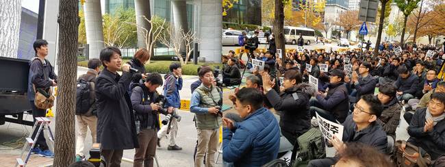 김장겸 사장의 해임안 가결 소식을 전해듣고 환호하는 김연국 MBC본부장과 조합원들의 모습. 
