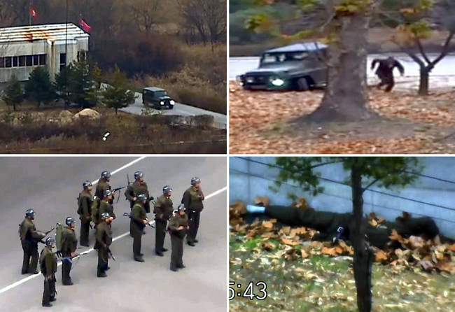 유엔군 사령부는 22일 오전 서울 용산구 국방부 브리핑룸에서 최근 판문점 공동경비구역(JSA)을 통해 귀순한 북한 병사의 당시 총격 상황을 담은 CCTV를 공개했다. 사진(위에서 시계방향으로) 지난 13일 귀순하는 북한 병사가 차량으로 72시간 다리로 전조등을 켜고 달리고 있다. 판문점 공동경비구역(JSA)에서 차량 바퀴가 배수로 턱에 걸려 움직이지 못하자 짚차에서 내려 남쪽으로 뛰어오고 있다. 북한군의 무차별 총격에 총상을 입고 쓰러져 있다. 총을 든 북한군이 집결해 이야기하고 있다.(뉴시스) 