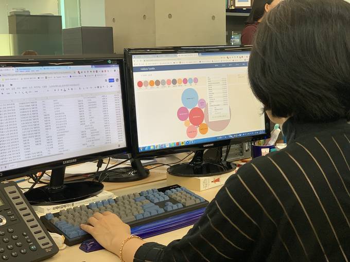 독자들과 다른 언어로 소통하고 변화하는 미디어 환경에 대응하겠다며 영상, 프로그래밍을 배우는 기자들이 늘어나고 있다. 사진은 데이터 분석을 하고 있는 이경희 중앙일보 기자 
