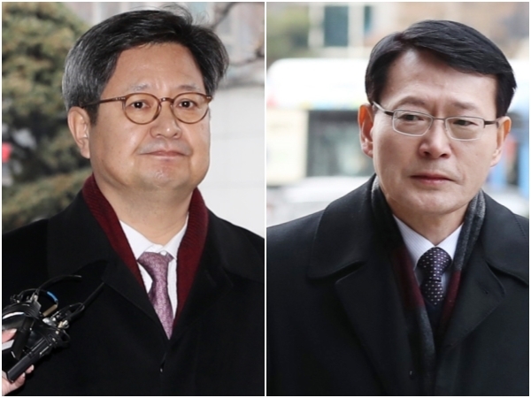 부당노동행위로 재판에 넘겨진 김장겸(왼쪽), 안광한 전 MBC 사장이 지난 26일 노조법 위반 등에 대한 항소심에서도 유죄를 선고받았다. 사진은 유죄를 선고받은 지난 2월 1심 당시 모습(뉴시스) 