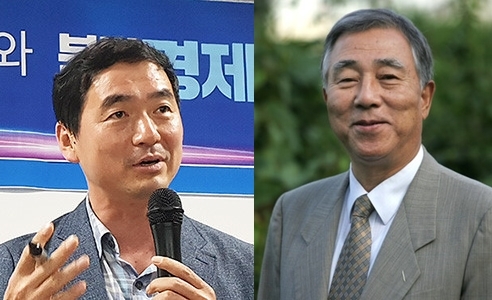 정욱식 평화네트워크대표(사진 왼쪽), 고 정태기 한겨레신문 사장. 리영희재단 제공 